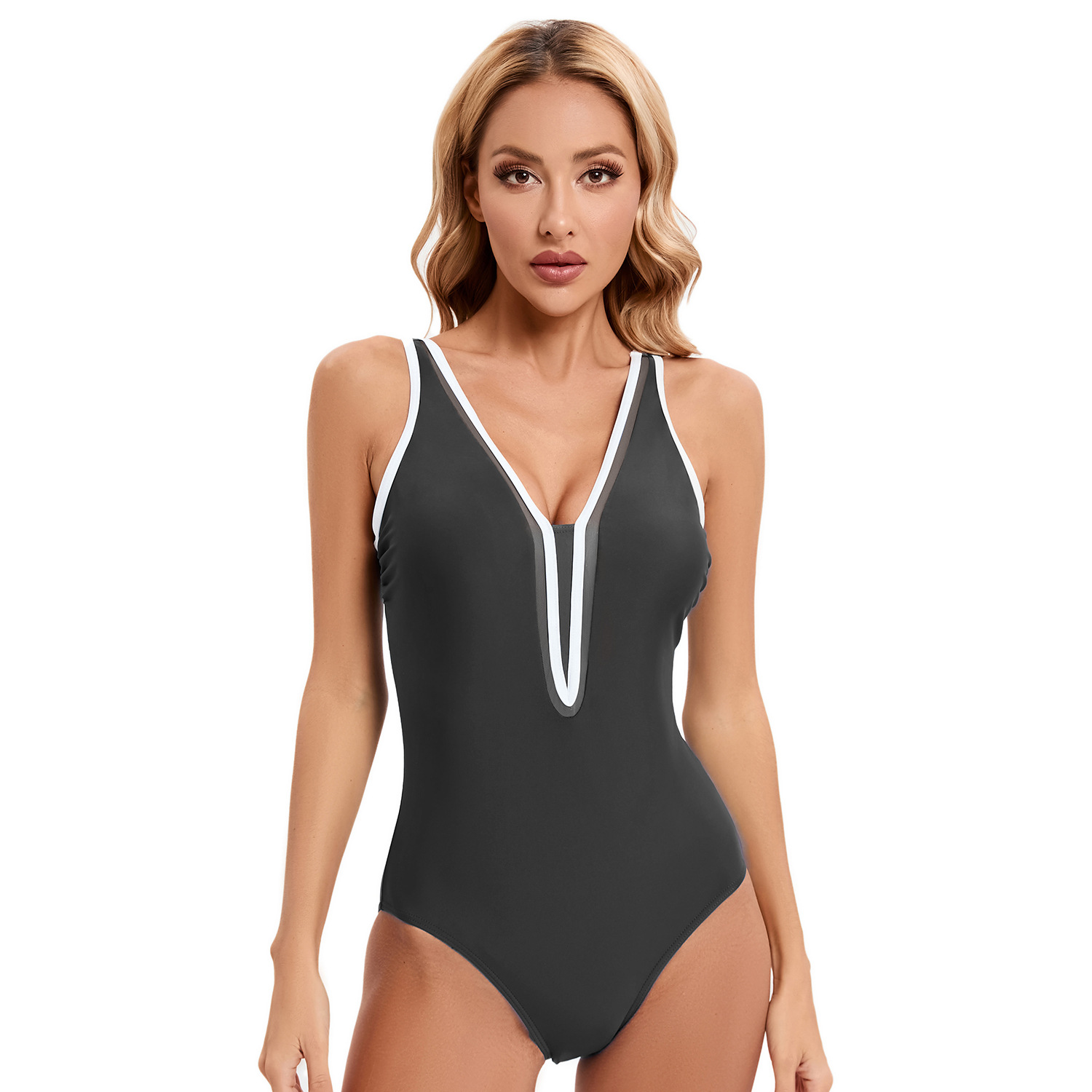 French color-block U-shaped swimsuit with beautiful back B024