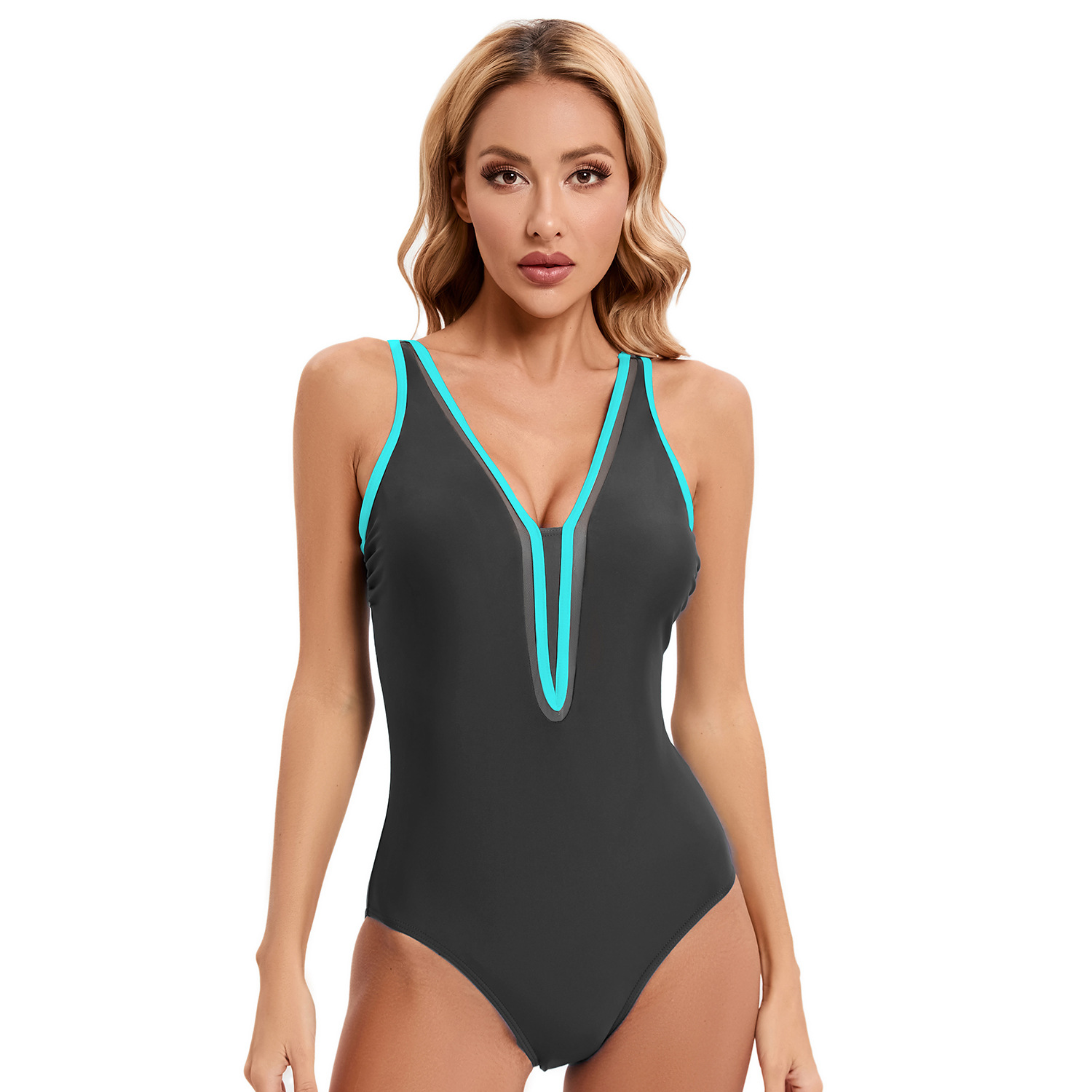 French color-block U-shaped swimsuit with beautiful back B024