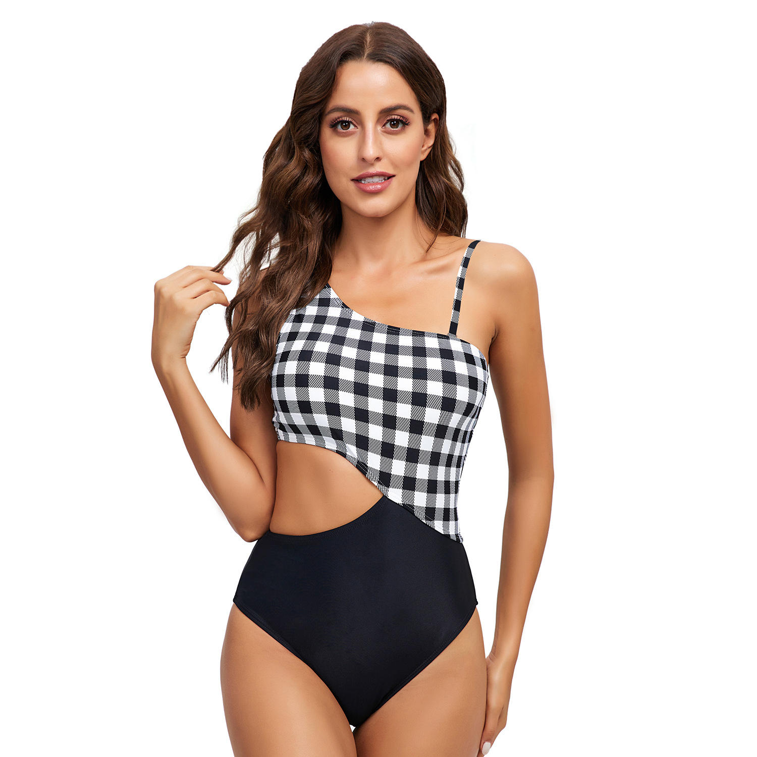 Open Back Triangle One Piece Swimsuit Plaid B021