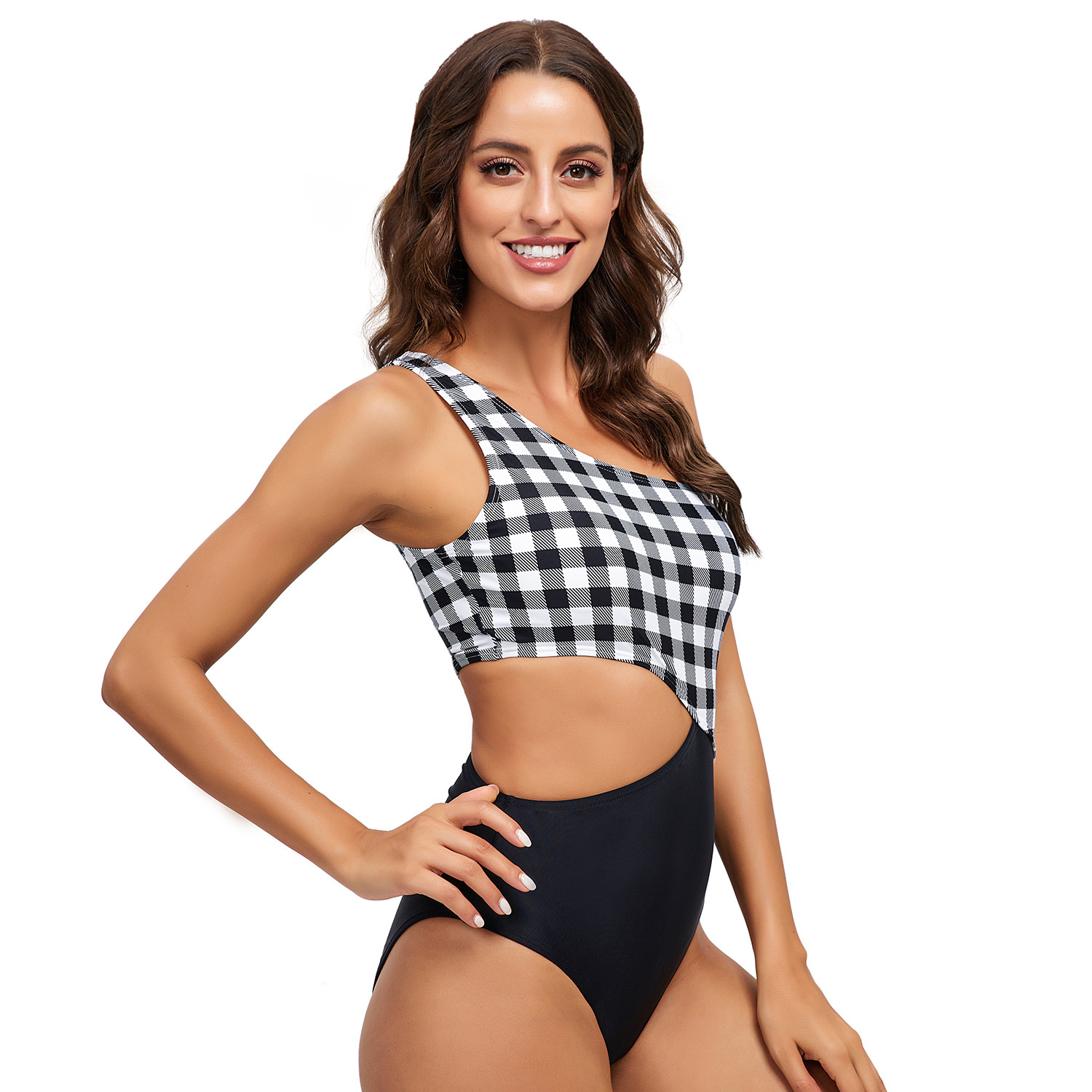 Open Back Triangle One Piece Swimsuit Plaid B021