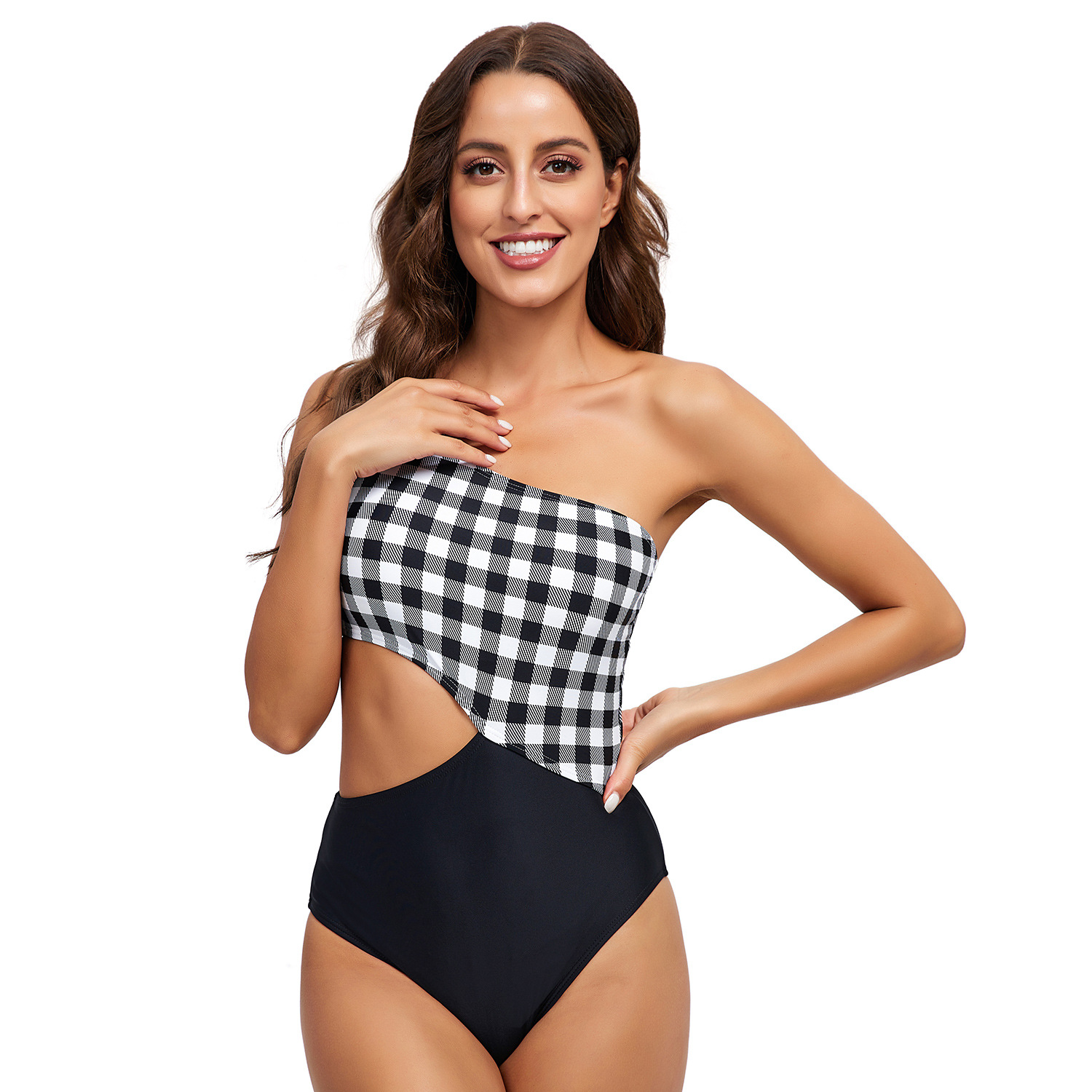 Open Back Triangle One Piece Swimsuit Plaid B021