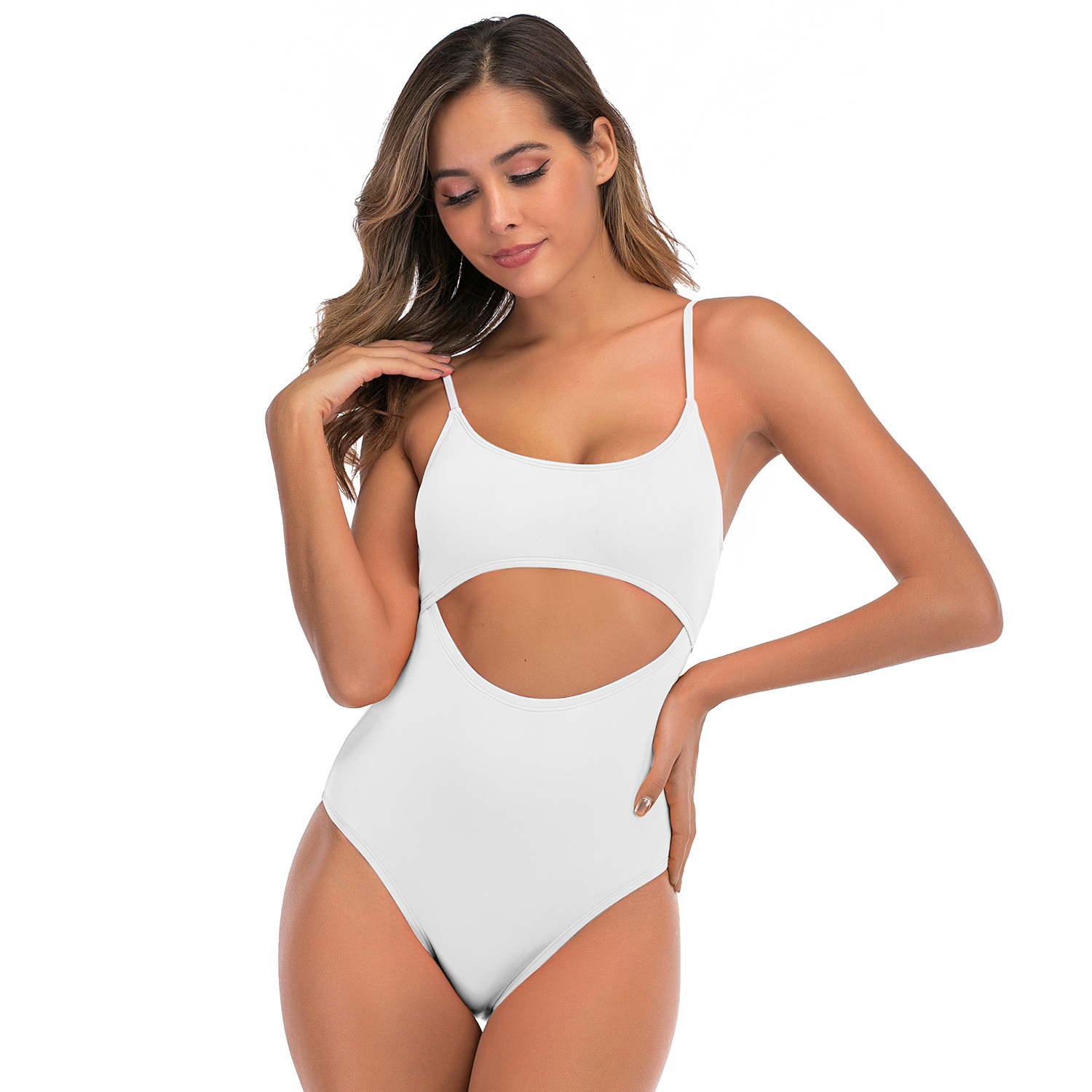 Solid color one piece swimsuit open back one piece swimsuit white B026