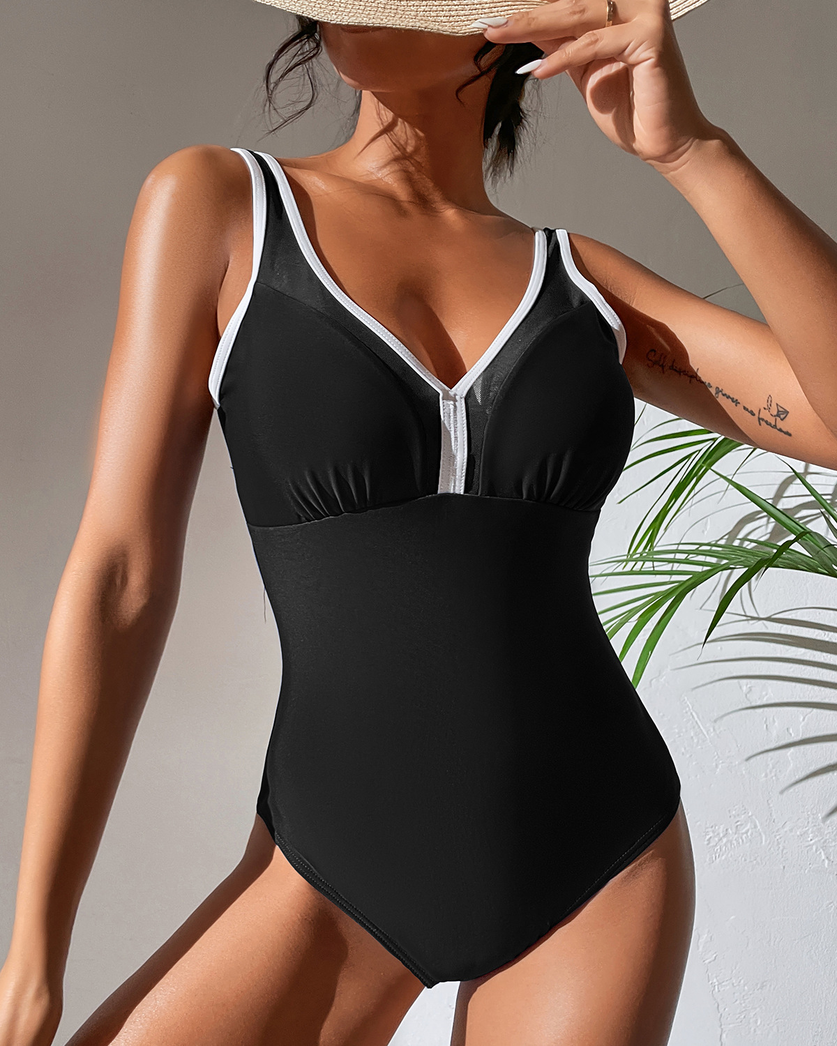 V-neck belly-covering color-block U-shaped back swimsuit B025