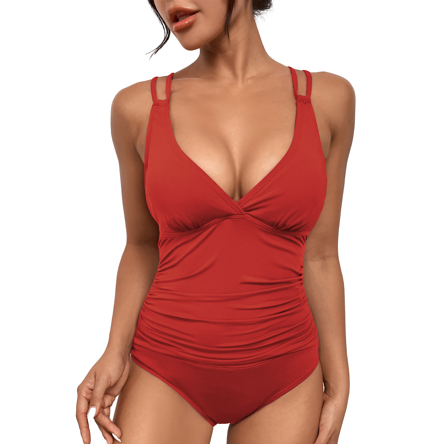 Women's belly cover one piece swimsuit Red B010