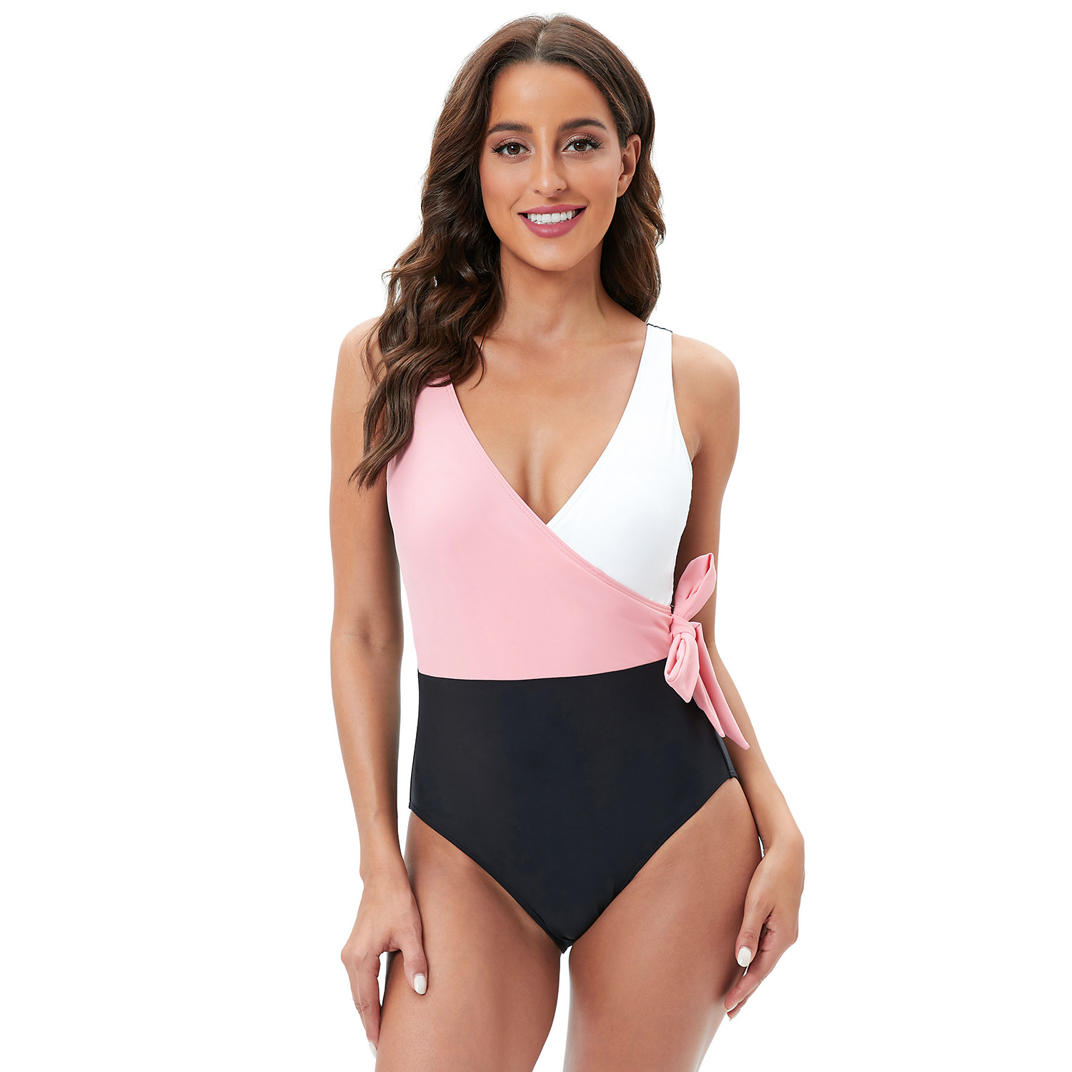Color Block Lace Up One Piece Swimsuit Feminine Backless Swimsuit B044