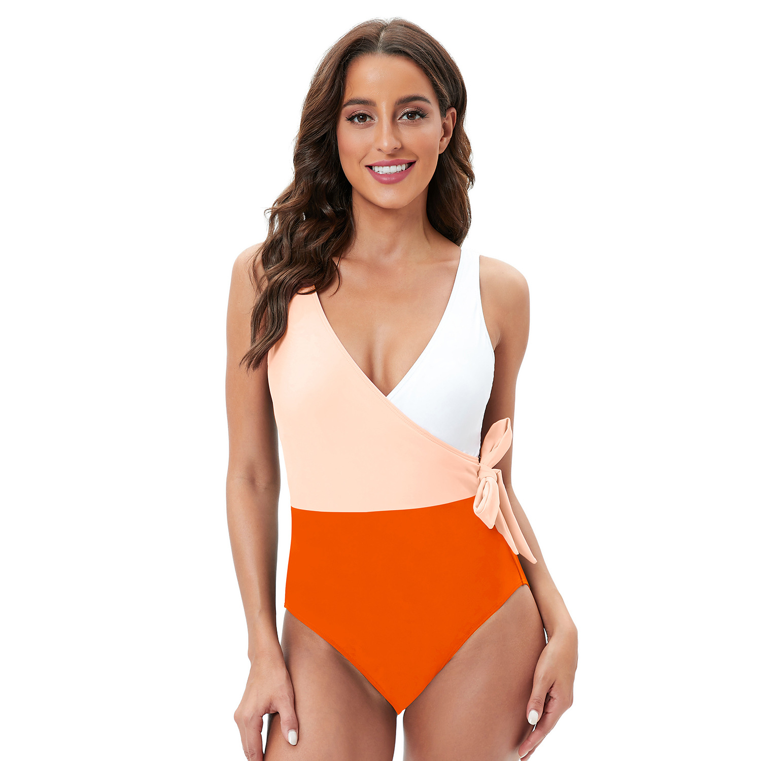 Color Block Lace Up One Piece Swimsuit Feminine Backless Swimsuit B044