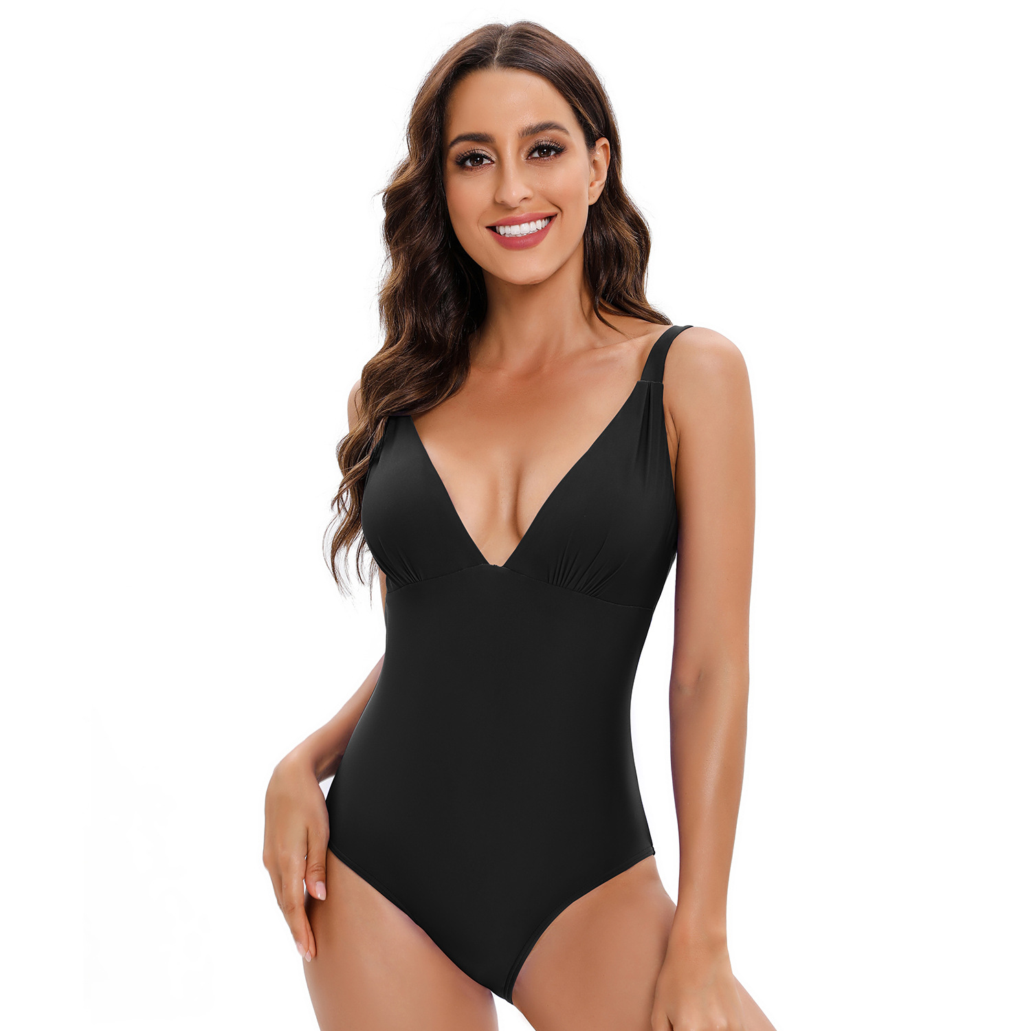 Deep V conservative triangle swimsuit with belly cover B042