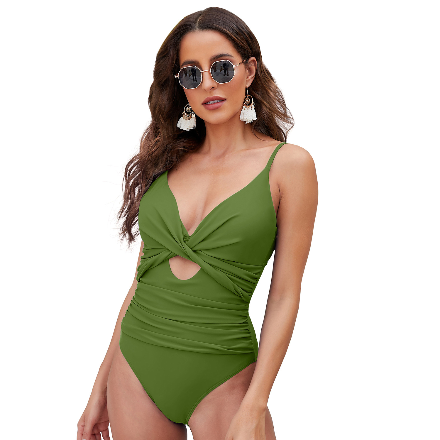 Hollow belly cover swimsuit deep V sexy swimsuit green B063