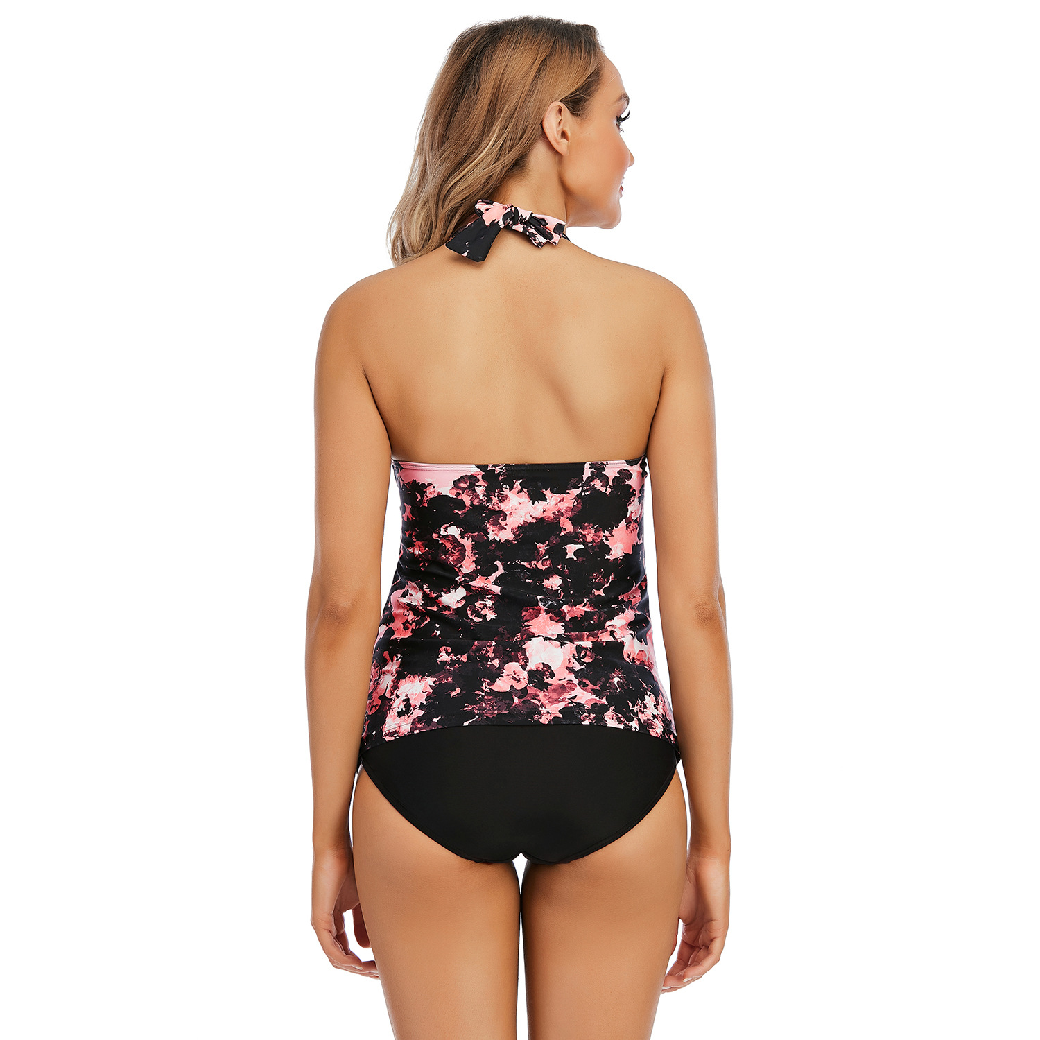 Women's pink and black floral halter neck two piece swimsuit B087