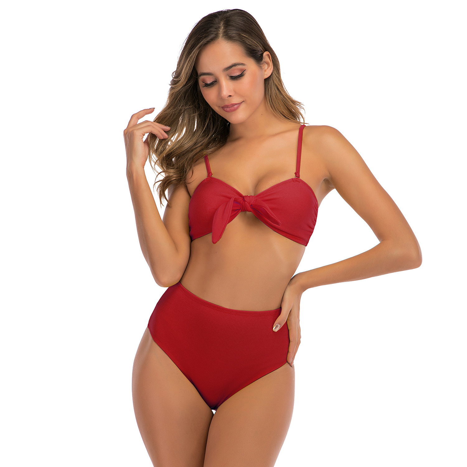 women's solid color high waist two piece swimsuit B091